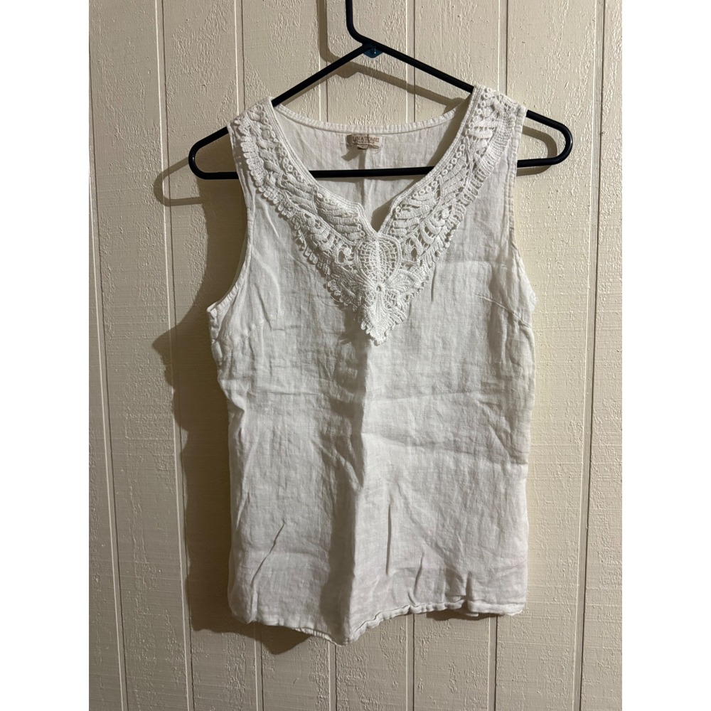 Lina Tomei Italy White Linen Crochet Lace V-Neck Tank Top Sleeveless Blouse S